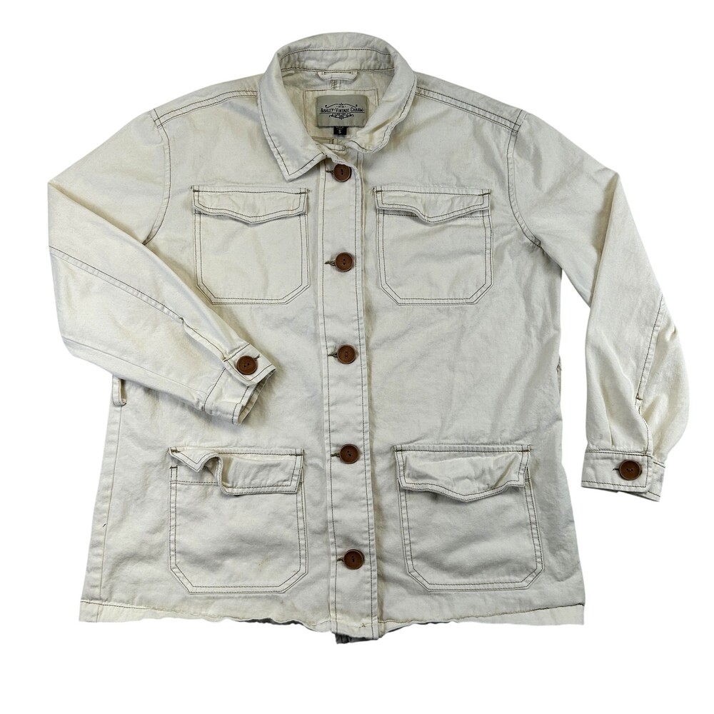 Ashley-Vintage Charm Jacket Womens Small White Cotton Twill Utility Button Front